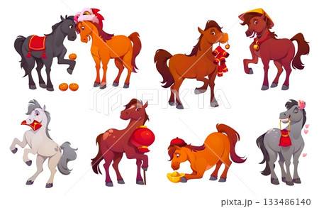 Cartoon horse characters, Chinese lunar new year animal with festive accessories, lantern, coins, orange fruits, money envelope, gold ingot and traditional hats. Vector cute happy zodiac symbols set 133486140