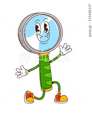 School education groovy magnifying glass vector character. Smiling green personage with shiny lens, large friendly eyes, and orange sneakers. Funky 70s personage for funny education School education groovy magnifying glass vector character. Smiling green personage with shiny lens, large friendly eyes, and orange sneakers. Funky 70s personage for funny education 133486147