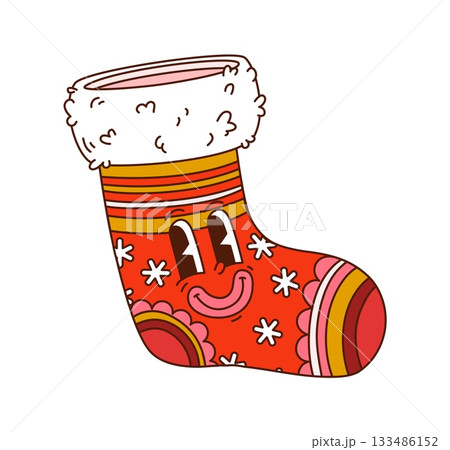 Groovy Christmas stocking character with cheerful face. Funky sock mascot with psychedelic patterns and white fluffy fur. Red vector personage for winter holidays Groovy Christmas stocking character with cheerful face. Funky sock mascot with psychedelic patterns and white fluffy fur. Red vector personage for winter holidays 133486152