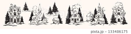 Christmas village doodle set, hand drawn winter holiday houses line illustration New Year cosy print 133486175