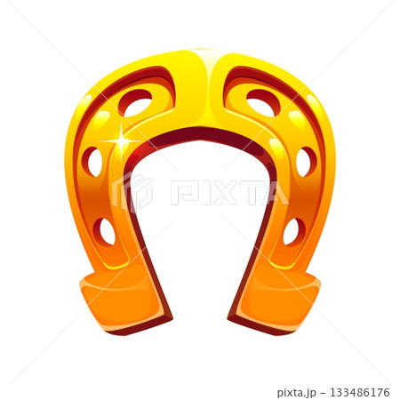 Cartoon golden horseshoe, classic lucky charm symbol representing fortune, success and protection in casino gambling games or St Patrick day. Isolated vector shiny polished horseshoe with sparkle 133486176
