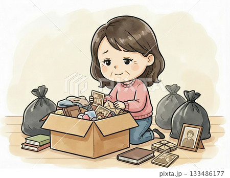 思い出の整理をする女性のイラスト｜片付け・実家じまい 133486177