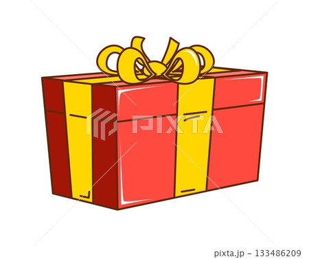 Groovy Christmas red gift box with yellow ribbon bow. Funky retro present with funny comic bow for vintage winter holidays. Vector gift box icon for invitation and Christmas greeting card 133486209