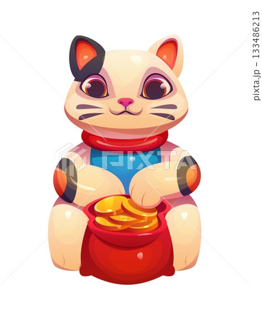 Cartoon lucky Japanese Maneki Neko cat toy with a red sack brimming with golden coins, symbolizing prosperity. Isolated vector beckoning kitten toy, symbol of Asian culture, wealth and good fortune Cartoon lucky Japanese Maneki Neko cat toy with a red sack brimming with golden coins, symbolizing prosperity. Isolated vector beckoning kitten toy, symbol of Asian culture, wealth and good fortune 133486213