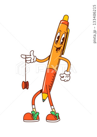 School education stationery groovy pen vector character. Cartoon orange ballpoint pen stands upright with sneakers, playing with a yo yo toy. School education personage with funky 70s vibe School education stationery groovy pen vector character. Cartoon orange ballpoint pen stands upright with sneakers, playing with a yo yo toy. School education personage with funky 70s vibe 133486215