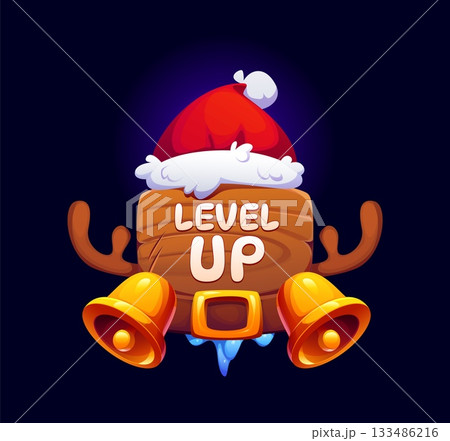 Christmas level up rank, xmas game badge with fluffy Santa hat on top, reindeer antlers, golden jingle bells, wooden board with snowy edges and icicles. Festive cartoon vector icon for holiday season 133486216