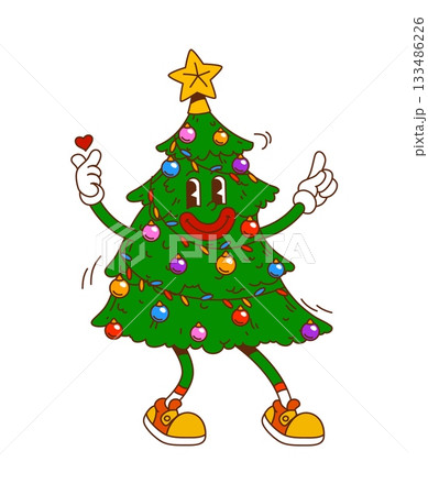 Groovy retro Christmas tree character with garland, colorful baubles and golden star topper. Funky cartoon mascot with happy smiling face and heart in hand. Vector holiday personage for xmas party Groovy retro Christmas tree character with garland, colorful baubles and golden star topper. Funky cartoon mascot with happy smiling face and heart in hand. Vector holiday personage for xmas party 133486226