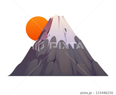 Cartoon Japanese Fuji mountain with an orange sun setting or rising behind it. Isolated vector summit with a snow capped peak and rounded rock textures. Famous landmark of Japan country 133486250