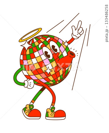 Funky Christmas disco ball character with cheerful smile and golden halo. Groovy vector mascot with mirrors and retro trippy elements for Christmas holiday party Funky Christmas disco ball character with cheerful smile and golden halo. Groovy vector mascot with mirrors and retro trippy elements for Christmas holiday party 133486258