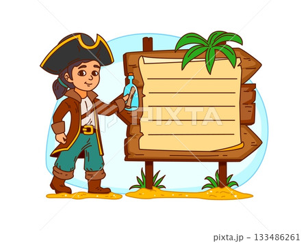 Pirate kids memo note frame with corsair sailor character, cartoon vector message label. Kids memo note sticker or notepad paper sheet with Caribbean pirate boy or girl captain with message in bottle 133486261