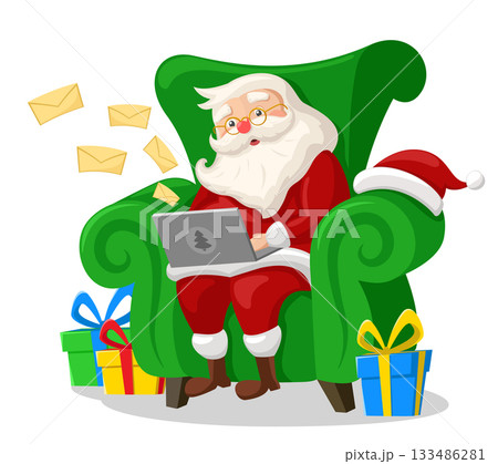 Santa Claus sits in a chair and receives letters on a laptop on a white. Merry christmas 133486281