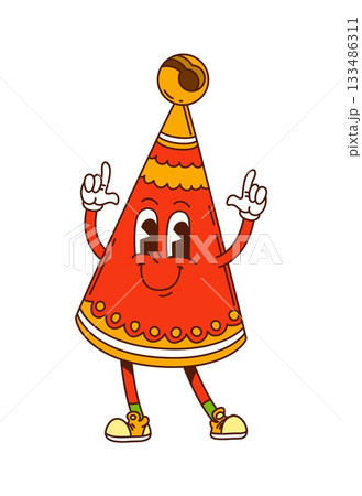 Groovy retro Christmas party hat character with bells and happy smiling face. Red orange funky mascot in yellow sneakers with retro comic 70s vibes. Funny vector personage for Christmas holiday party Groovy retro Christmas party hat character with bells and happy smiling face. Red orange funky mascot in yellow sneakers with retro comic 70s vibes. Funny vector personage for Christmas holiday party 133486311
