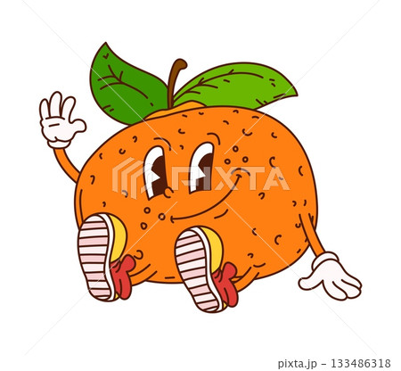 Groovy funky Christmas mandarin character with bright smile waves hello. Cute fruit personage wears stylish yellow sneakers and has festive holiday vibe. Happy vector mascot for seasonal greetings Groovy funky Christmas mandarin character with bright smile waves hello. Cute fruit personage wears stylish yellow sneakers and has festive holiday vibe. Happy vector mascot for seasonal greetings 133486318