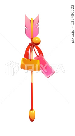 Cartoon traditional Japanese hamaya, ceremonial arrow with a red ribbon, tags and golden decorative accents symbolizing purification, warding off evil. New year element for protection and good fortune 133486322