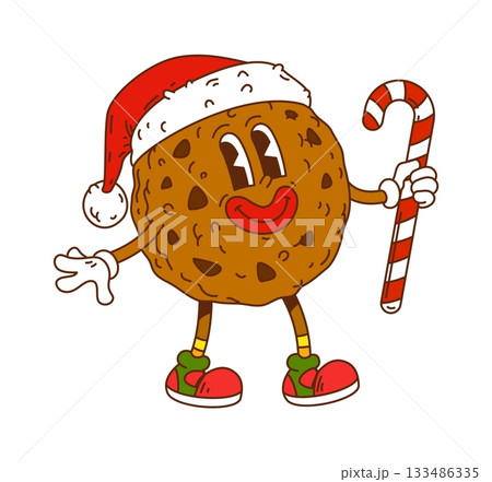 Groovy round Christmas gingerbread cookie character with chocolate chips and a smiling face. Funky cookie in Santa hat and sneakers holds candy cane. Cute vector mascot for holiday party Groovy round Christmas gingerbread cookie character with chocolate chips and a smiling face. Funky cookie in Santa hat and sneakers holds candy cane. Cute vector mascot for holiday party 133486335