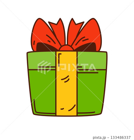 Groovy Christmas gift box in vibrant green with red bow. Funky present with psychedelic 70s vibe. Vector retro box for holiday cards and party invitations Groovy Christmas gift box in vibrant green with red bow. Funky present with psychedelic 70s vibe. Vector retro box for holiday cards and party invitations 133486337