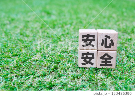 安心安全の象徴イメージ。木ブロックと芝生のコンセプト写真。 安心安全の象徴イメージ。木ブロックと芝生のコンセプト写真。 133486390