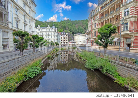 Historic riverside architecture with ornate facades in Karlovy Vary Historic riverside architecture with ornate facades in Karlovy Vary 133486641