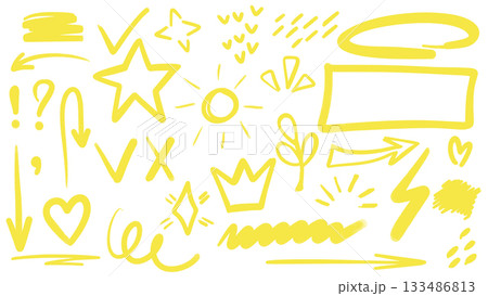 Set of neon yellow marker drawings in doodle sketch style Set of neon yellow marker drawings in doodle sketch style 133486813