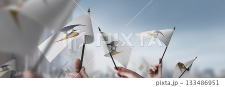 Eurasian Economic Union flags in their hands on a blurred urban background 133486951