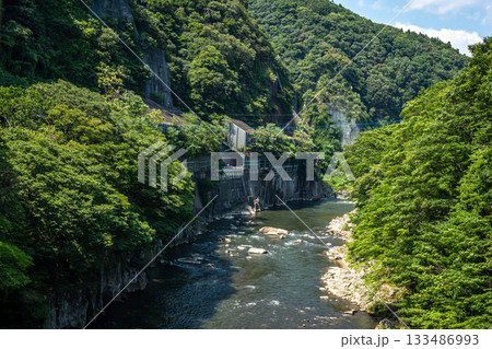 群馬県利根川の夏の渓谷、護岸とトンネルのある清流風景 133486993