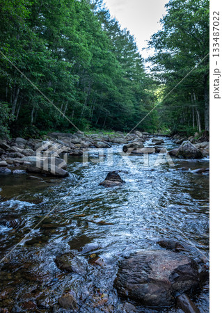 福島県桧枝岐村の渓流、夏の清流と岩の迫力ある流れ 福島県桧枝岐村の渓流、夏の清流と岩の迫力ある流れ 133487022