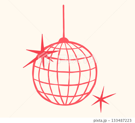 Disco ball with stars. Hand drawn vector doodle illustration. Whimsical mirror ball, party symbol 133487223