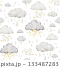 Children seamless pattern with fluffy rain clouds, lightning and thunderstorm for fabrics, for kids goods,linen, pajamas. Watercolor hand drawn illustration. 133487283