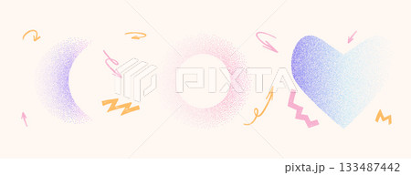 Pastel colors grain gradient heart, moon shapes. Y2k retro stippling crescent, ring forms set. Heart, round halo icons on beige background. Vector pink, blue and purple dissolved illustration isolated 133487442