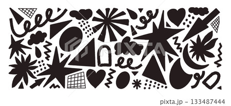 Hand-drawn abstract geometric doodle shapes. Silhouette geometry figures, stars, arrow elements. Doodle collage paper stickers. Vector triangles, heart graphics, scribbles for modern collage art no bg 133487444