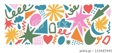 Vibrant abstract stickers geometric doodle elements. Playful heart, triangle figures. Retro Y2K collection featuring colorful doodles, bold funky scribbles, childish badges for creative collage no bg Vibrant abstract stickers geometric doodle elements. Playful heart, triangle figures. Retro Y2K collection featuring colorful doodles, bold funky scribbles, childish badges for creative collage no bg 133487445