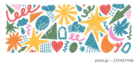 Abstract geometric shapes sticker Collage crayon star, twinkle, triangle and grid set. Vector kids hand-drawn elements isolated on transparent background. Squiggles, clouds and zigzag with arch sign Abstract geometric shapes sticker Collage crayon star, twinkle, triangle and grid set. Vector kids hand-drawn elements isolated on transparent background. Squiggles, clouds and zigzag with arch sign 133487446
