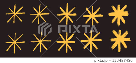 Asterisk star yellow icon shapes. Irregular snowflakes elements set. Abstract chalk drawn stars collection. Uneven ink brush snow flakes. Simple twinkle markers handmade symbols. Vector illustration Asterisk star yellow icon shapes. Irregular snowflakes elements set. Abstract chalk drawn stars collection. Uneven ink brush snow flakes. Simple twinkle markers handmade symbols. Vector illustration 133487450