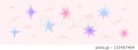 Y2K stars noise gradient pattern. Grain gradation twinkles and sparks dot airbrush spray shapes with clouds. Blinks blue and purple transition colors. Vector aesthetic figures with groovy pink bg 133487464