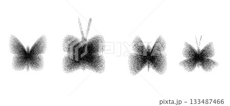 Butterfly y2k halftone icons. Grain noise gradient dots dust shapes. Retro stippling simple forms set. Black shade insect isolated. Vector spray paint butterflies symbols shapes illustration 133487466