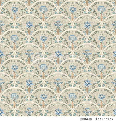 Floral indian chintz seamless pattern. Flower aop scallop endless background. Fabric farmhouse plumeria design continuous ornament. Chintz retro repeat cover. Vector hand drawn wildflower background 133487475