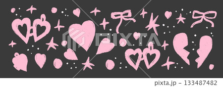 Crayon hearts and love symbols set. Locket bow and stars chalk crayon pink shapes. Breaking hearts, bowknot for valentine, craft projects on dark background. Vector naive crayon bg illustration 133487482