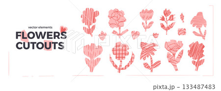 Flowers cutout pink set. Scrapbook naive floral elements. Pink collage daisy, poppy, tulip and wildflower shapes. Scrap doodles with handmade texture. Vector naive plants collages diy figures isolated 133487483
