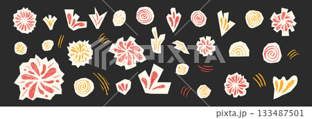 Colorful fireworks sticker. Collage paper pieces with hand-drawn stars, confetti bursts, and playful doodle elements. Vibrant pattern perfect for festive designs, children's art, and party decor 133487501