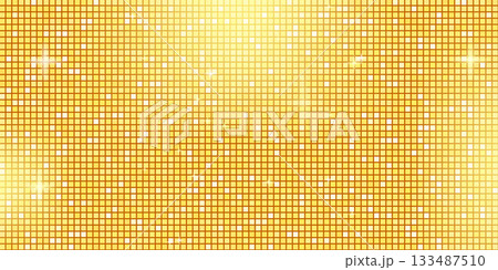 Yellow disco ball mosaic with golden mirror glitter texture background. Shiny metallic gold tones pattern. Festive fashion decoration. Glam sparkle Christmas wallpaper. Vector gradation illustration 133487510