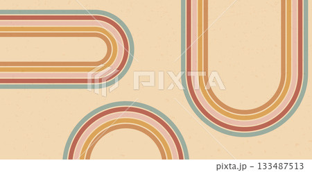 Groovy rainbow lines path background. Horizontal retro banner with arch boho stripes abstract pattern. Vector vintage curved underline geometric backdrop. Dynamic curved playful wallpaper Groovy rainbow lines path background. Horizontal retro banner with arch boho stripes abstract pattern. Vector vintage curved underline geometric backdrop. Dynamic curved playful wallpaper 133487513