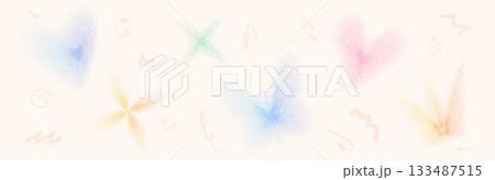 Dotwork shade dissolved geometric shapes with grain noise gradient. Y2k stippling crown forms set. Butterfly, flower, heart, star icons on beige background. Vector pastel illustration isolated Dotwork shade dissolved geometric shapes with grain noise gradient. Y2k stippling crown forms set. Butterfly, flower, heart, star icons on beige background. Vector pastel illustration isolated 133487515