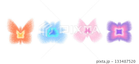 Grain blurred y2k butterfly icons. Gradient grainy noise signs set. Pastel tones girly shapes. Vector spray gradation flying with sand groovy colorful dust texture isolated no transparent bg Grain blurred y2k butterfly icons. Gradient grainy noise signs set. Pastel tones girly shapes. Vector spray gradation flying with sand groovy colorful dust texture isolated no transparent bg 133487520