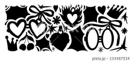 Couple heart shape lockets silhouette, paper frame for text or photo with bang callout. Hand drawn cutout sticker with crown, star, bow with doodle elements. Vector Valentine simple illustration no bg Couple heart shape lockets silhouette, paper frame for text or photo with bang callout. Hand drawn cutout sticker with crown, star, bow with doodle elements. Vector Valentine simple illustration no bg 133487534