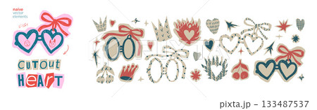 Love symbols collage stickers. Heart cutout with crayon texture patterns. Scrapbook romantic couple sign shape. Vector Valentine craft retro tags with hand drawn devil and angel illustration isolated Love symbols collage stickers. Heart cutout with crayon texture patterns. Scrapbook romantic couple sign shape. Vector Valentine craft retro tags with hand drawn devil and angel illustration isolated 133487537