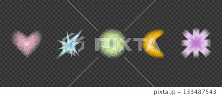 Grain gradient heart, star shapes. Noise gradation dotted circle, moon figures. Grainy elements in trendy Y2K with halftone effects and vibrant geometric icon designs. Vector sand form isolated no bg 133487543