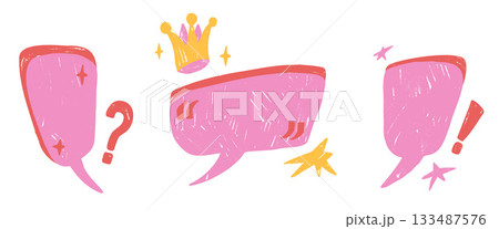Kids speech bubbles with punctuation marks. Hand drawn girly crayon text boxes frames set with crown. Chalk crayon promo callout textured shapes. Vector text balloon testimonial isolated no background 133487576