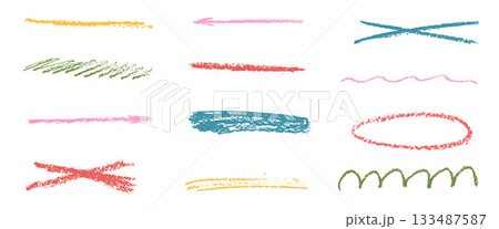 Hand drawn scribble text highlights. Underline crayon set. Grunge textured straight stripe, emphasis elements. Pencil brush stroke lines. Vector crayon freehand strike through dividers, arrow marks 133487587