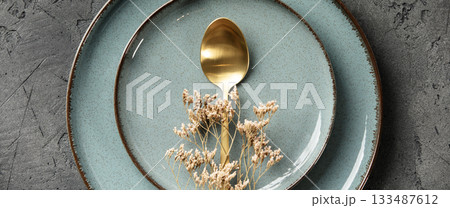 Elegant Culinary Flat-Lay Collection with Gold Cutlery, Vintage Utensils, Ceramics, Spices, Textiles, Greenery, and Table Styling Decor 133487612