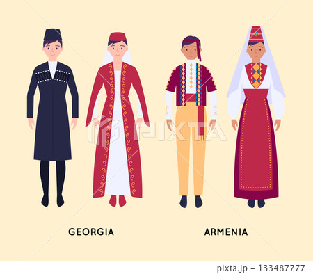 Cartoon Color Characters People Georgia and Armenia National Costumes Set from Different Countries Concept Flat Design Style. Vector illustration 133487777